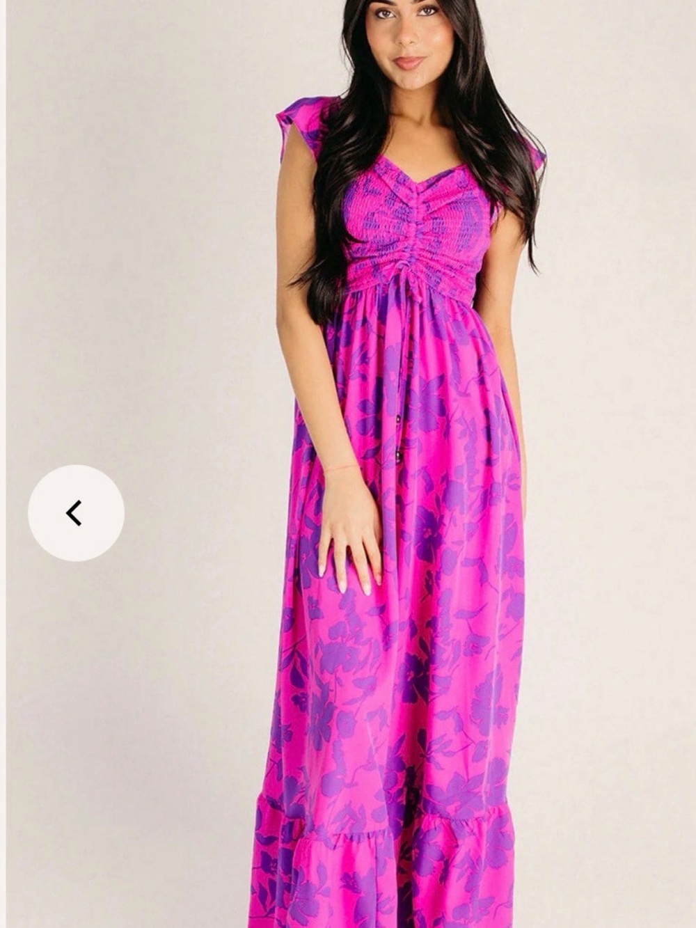 Pink Floral Maxi Dress with Ruched Bodice
